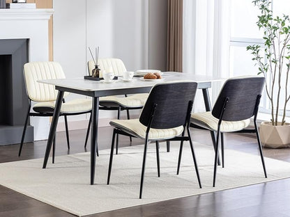 Dining Chairs Set of 6, Mid Century Modern Accent Dining Room and Kitchen Chairs, Upholstered PU Leather Vertical Stripe Chairs for Vanity with Walnut Bentwood and Metal Legs, Beige