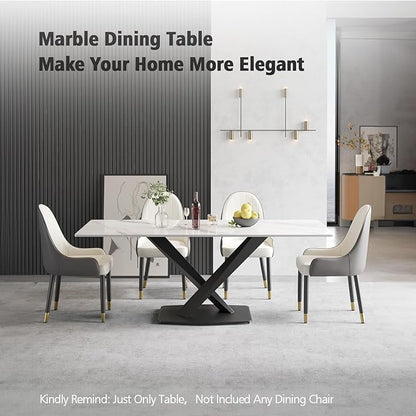 Modern Rectangle Marble Dining Table for 6,63" White Marble Sintered Stone Top Dining Table,Rectangle Dining Room Table with X-Shape Carbon Steel Pedestal for Kitchen/Living Room(Table Only)