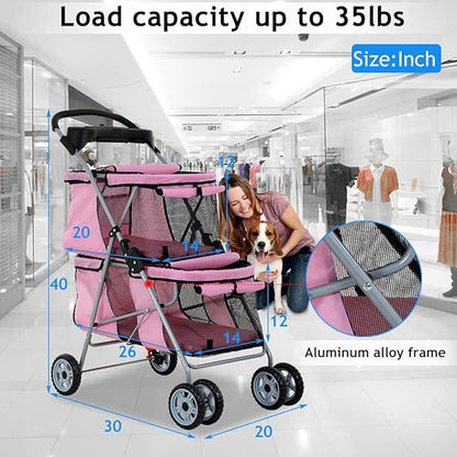 Dkeli 4 Wheel Pet Stroller for Small and Medium Dog Cats, Double Dog Stroller with Cup Holder, Folding Travel Cage for 2 Puppies or Two Kittens, Pink