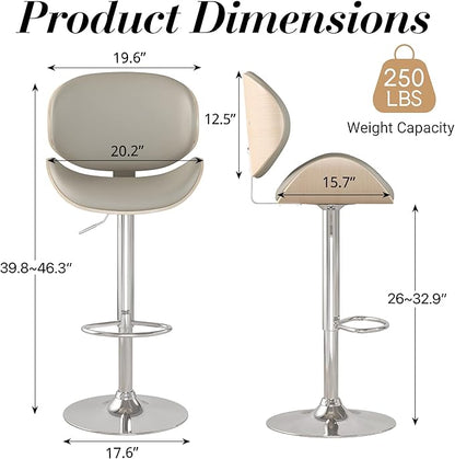 Adjustable Swivel Bar Stools 1 PC, Modern Bentwood Barstool with Large Metal Base and Footrest, PU Leather Upholstered Bar Chair with Curved Back for Kitchen Island Dining Room, Gray