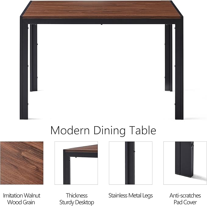 Dining Room Table Set for 4, 47" Rectangle Walnut Color Dining Table with Thick MDF Tabletop, Dark Grey Kitchen Chairs Upholstered Accent Chairs for Small Spaces