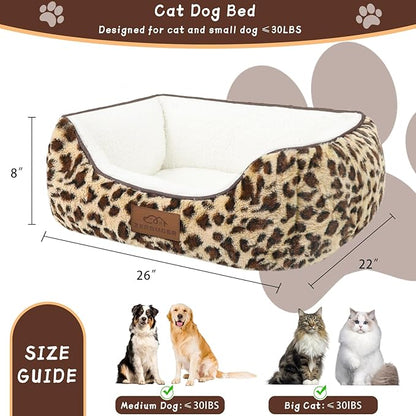 Rectangle Cat Dog Bed for Large Medium Small Pets Indoor Outdoor Machine Washable Sleeping Sofa Non-Slip Bottom Soft Puppy Bed Durable Orthopedic Calming Pet Cuddler (Medium, Leopard)