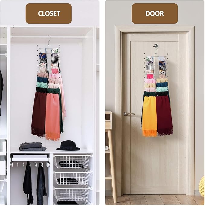 ZEDODIER Scarf Organizer Scarf Hanger for Closet, Rotatable Sturdy Hijab Holder Holds 20 Scarves, Space Saving Closet Organizers and Storage, Silver