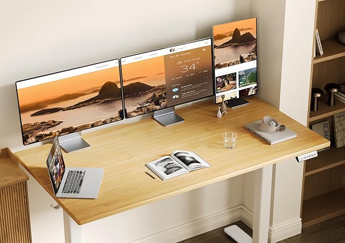 Claiks Bamboo Electric Standing Desk, Adjustable Height Stand up Desk, 55x24 Inches Sit Stand Home Office Desk with Splice Board, White Frame/BambooTop