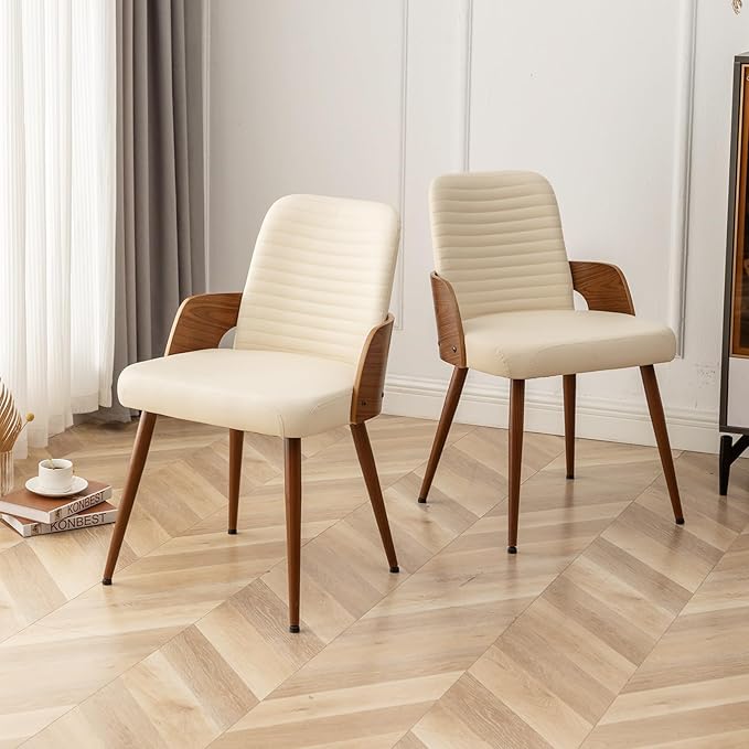 Dining Room Chairs,Mid Century Modern Kitchen Chair,Upholstered Faux Leather Accent Chairs,Metal Legs Wooden Desk Chair,Armless and No Wheels for Kitchen Dining,Beige PU,1PCS
