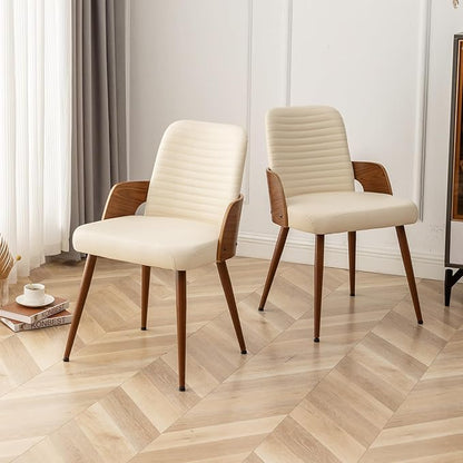 Dining Room Chairs,Mid Century Modern Kitchen Chair,Upholstered Faux Leather Accent Chairs,Metal Legs Wooden Desk Chair,Armless and No Wheels for Kitchen Dining,Beige PU,1PCS