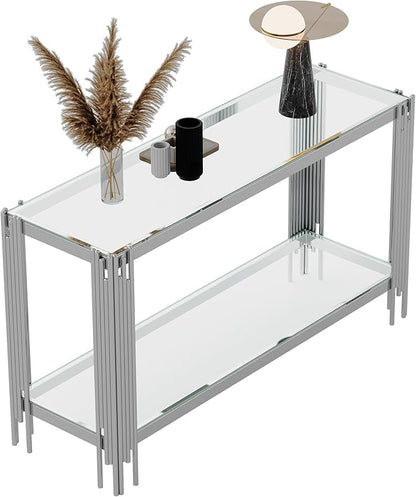 Goujxcy Modern Glass Console Table 55" Silver Entryway Table with Tempered Glass Top and Mirror Stainless Steel Legs,Luxury Rectangular Sofa Table for Living Room Hallway Corridor Table (Silver)