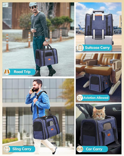 Morpilot Cat Carrier - Soft Sided Cat Carrier Large for Big Medium Cats and Puppy up to 18lbs, Pet Carrier with Safety Zippers, Foldable Bowl, Airline Approved Large Dog Carrier - Light Blue