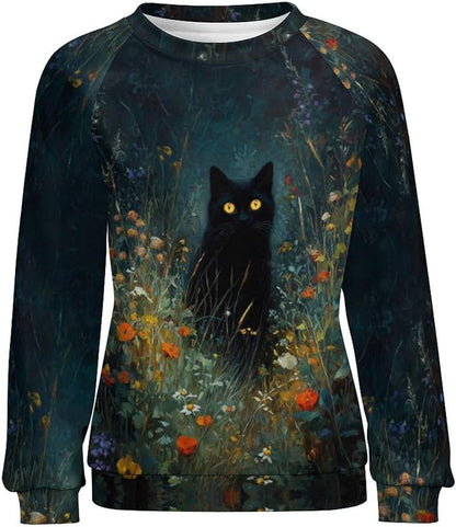 Abstract Cute Cat Shirts for Women Long Sleeve Lady Crewneck Pullover Sweatshirt Fall Winter Oversized Tops