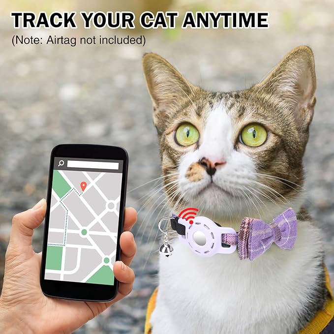 Airtag Cat Collar with Bells and Bowtie -Safety Elastic Band Kitten Collar for Apple Air Tag Holder- Cute GPS Cat Tracker Collars for Girl Boy Cats and Puppies, Adjustable 8"-12" Purple