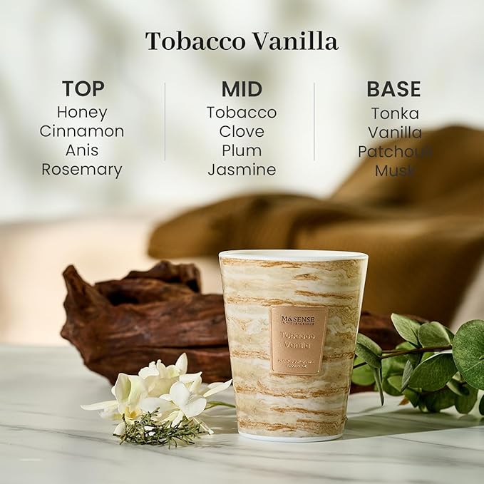 M&SENSE Tobacco Vanilla Scented Soy Candle, 3 Wick Highly Scented 14.1 Oz 80H, Aromatherapy Christmas Gift for Women and Men