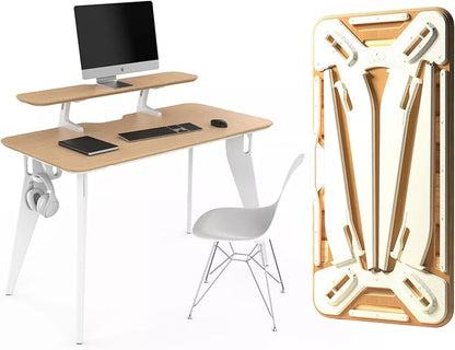 HOEK Modern Collapsible Work from Home Desk Bundle, Durable Laminate Surface, Portable Folding Computer Desk with 47.5" x 23", Easy Tool-Free Assembly, Compact Study and Office Table (Birch/White)
