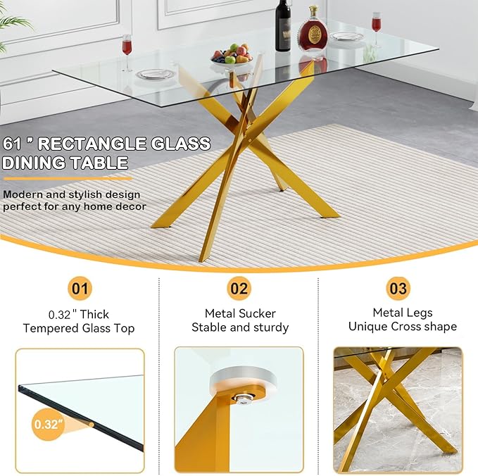 Goujxcy Glass Dining Table Set for 6, Modern Kitchen Table and Chairs Set of 6, 7-Piece Kitchen Dining Room Table Set w/61 Glass Gold Dining Table and 6 Yellow Velvet Upholstered Chairs