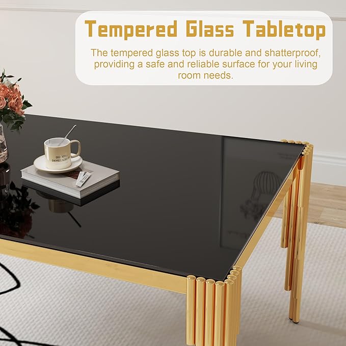 5 Piece Glass Dining Table Set, Morden Kitchen Table Set for 4 with 51" Black Glass Dining Table and 4 Black Velvet Upholstered Chairs for Kitchen, Gold Legs