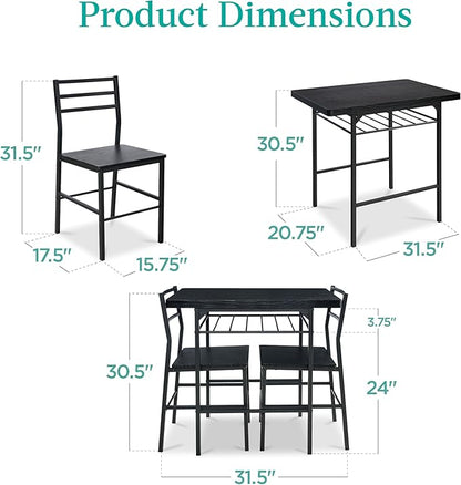 Best Choice Products 3-Piece Modern Dining Set, Space Saving Dinette for Kitchen, Dining Room, Small Space w/Steel Frame, Built-in Storage Rack - Black/Black