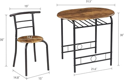 VECELO 3-Piece Dining Table Set for Kitchen Breakfast Nook, Wood Grain Oval Tabletop and Metal Frame with Built-in Wine Rack, for Small Spaces, 31.5", Antique & Black