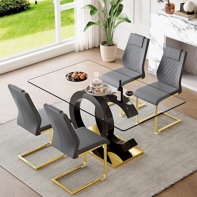 63'' Glass Dining Table Set for 4, Kitchen Table Chairs Set of 4, Clear Glass Dining Table with Black unique design Leg and Gold Metal Base, 4 PU Dining Chairs with Metal Legs, Living Room, Kitchen.