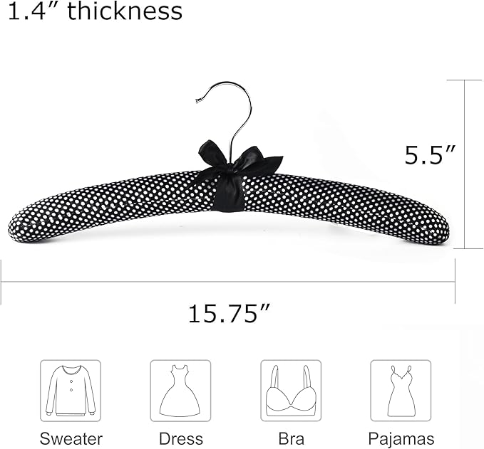 Satin Padded Sweater Hangers Polka Dot, Blouse Hanger with Thick & Soft Foam for Bridal Wedding Dress Lingerie, Smooth Silk Covered Shirt Hanger Without Shoulder Bump (5pcs)