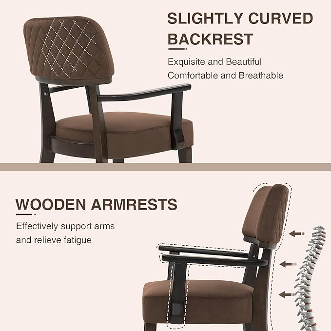 Modern Wood Dining Chairs with Arms, Velvet Upholstered Kitchen Chairs with Open Curved Backrest & Black Hardwood Legs, Accent Chairs 350 LBS Capacity, Brown