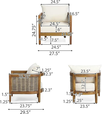 Merax 4-Piece Outdoor Acacia Wood Wicker Conversation Set with Loveseat,Club Chairs and Coffetable for Backyard Garden