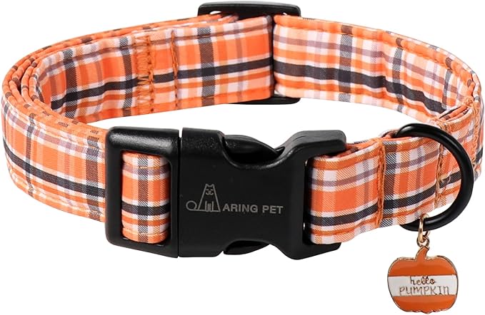 ARING PET Puppy Fall Dog Collar, Autumn Orange Black White Plaid Pet Collars for Small Medium Large Girl Boy Dogs Halloween-S Size