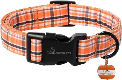 ARING PET Puppy Fall Dog Collar, Autumn Orange Black White Plaid Pet Collars for Small Medium Large Girl Boy Dogs Halloween-M Size