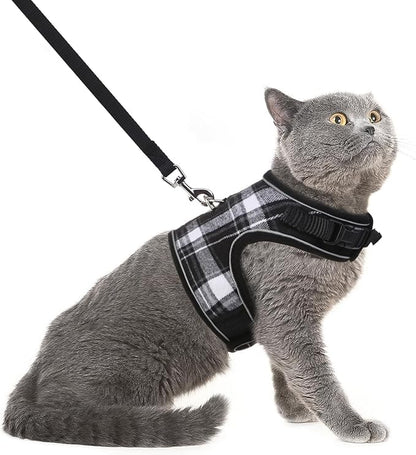 PUPTECK Soft Mesh Cat Vest Harness and Leash Set Puppy Padded Pet Harnesses Escape Proof for Cats Small Dogs Rabbits Bunny, Plaid Black, S