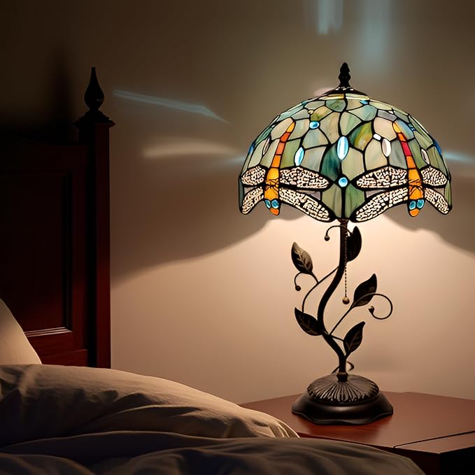 Tiffany Table Lamp, Stained Glass Style Desk Lamp, 12X12X19 Inch,Bedside Reading Light, Metal Leaf Base (Brown Dragonfly Style)