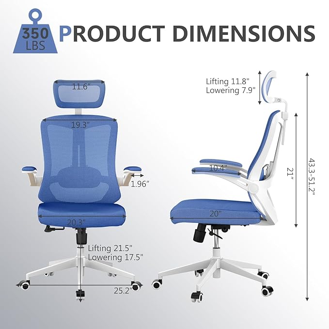 Office Chair,Ergonomic Comfy Home Desk Chair with 350LBS Capacity,High Back Gaming Chair with Wheels,Mesh Computer Chair,Lumbar Support, Adjustable Headrest,Flip-up Armrest