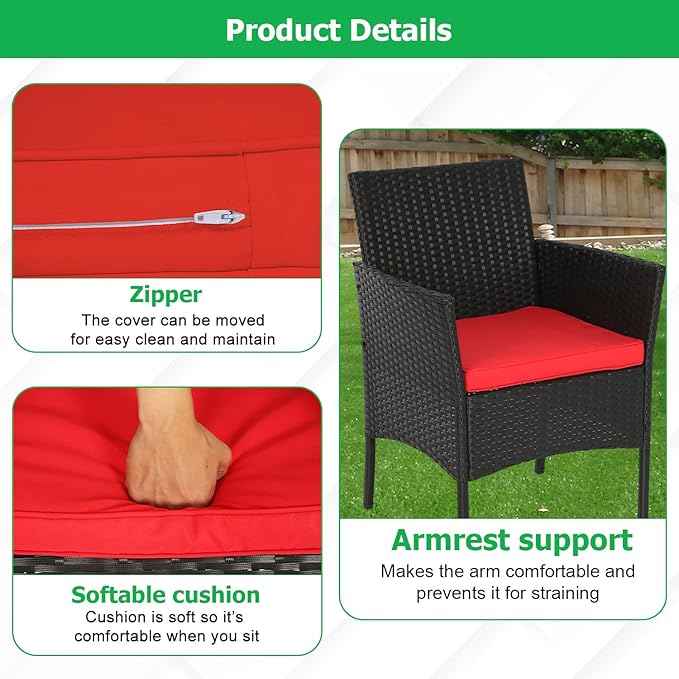 FDW | 3-Piece Patio Furniture Set | Black & Red | Outdoor Wicker Furniture with Coffee Table | Modern Rattan Chairs Conversation Set | Outdoor Seating | Weather-Resistant | for Porch, Garden, Lawn