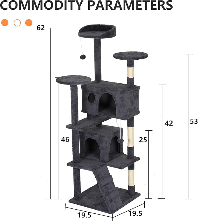BestPet | 62" Cat Tree Tower | Dark Gray | Sturdy, Easy to Assemble, Multi-Level Activity Center with Sisal Scratching Posts, Condos, Perches, Hanging Cat Toys, Observation Decks & Ladder