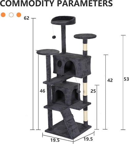 BestPet | 62" Cat Tree Tower | Dark Gray | Sturdy, Easy to Assemble, Multi-Level Activity Center with Sisal Scratching Posts, Condos, Perches, Hanging Cat Toys, Observation Decks & Ladder