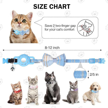 Airtag Cat Collar with Bells and Bowtie -Safety Elastic Band Kitten Collar for Apple Air Tag Holder- Cute GPS Cat Tracker Collars for Girl Boy Cats and Puppies, Adjustable 8"-12" Blue