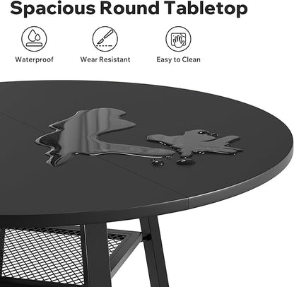 Round Dining Table for 2-4 People,42 Inch Dining Room Table,Modern Circle Kitchen Table with Storage Shelf and Metal Legs for Dining Room,Kitchen,Black (Table Only)