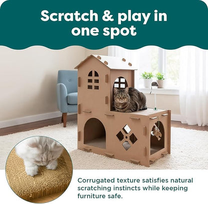 FurHaven Farmhouse Multi-Level Cardboard Cat House for Indoor Cats with Catnip & Toys, Double-Walled Corrugated Scratcher Designed for Lounging, Play & Comfort, One Size, Cardboard, Brown