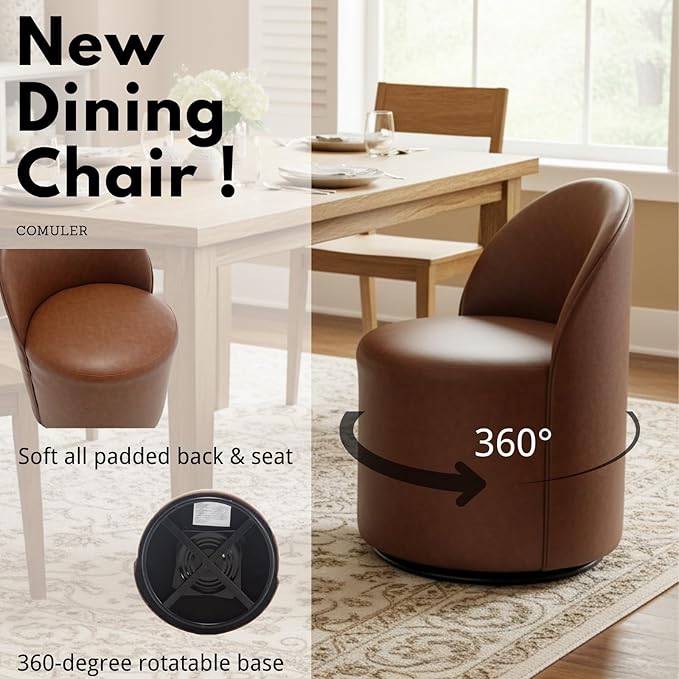 Modern Barrel Chair Swivel Base Cognac PU Leather Accent Chair 360°Rotating Vanity Chair Mid-Century Dining Side Chair Kitchen Chair for Living Room, Bedroom, Home, Office, Kitchen(Brown)