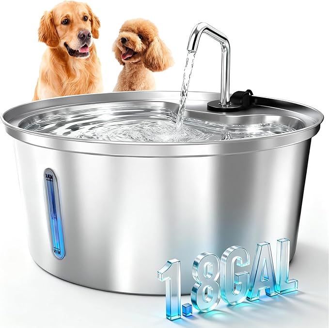 Dog Water Fountain Stainless Steel, 7L/1.8Gal Pet Fountain Water Bowl with Multi-Filtration & Deeper Drinking Aera, Large cat Water Fountain with Water Window & LED, Ultra-Quiet