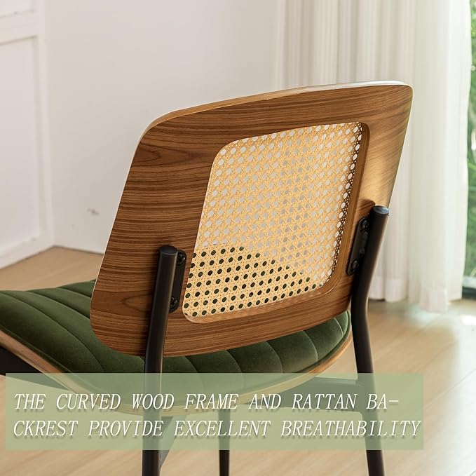 LUNLING Dining Chairs Set of 2 Mid Century Modern Retro Green Velvet Kitchen Chairs with Walnut Bentwood Upholstered Seat Metal Legs Adjustable Foot for Kitchen Dining Room Chairs(Green Fabric)