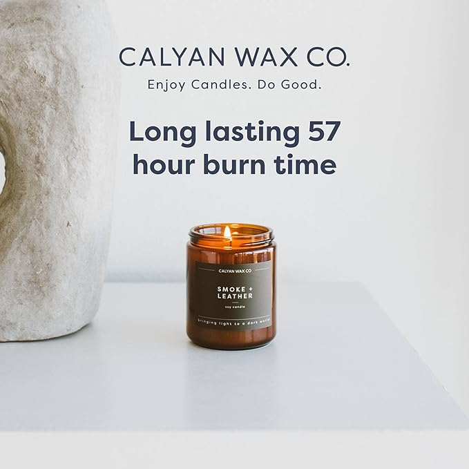 Calyan Wax Co. Smoke & Leather Scented Candle - 57 Hour Burn - Luxury Non Toxic Soy Wax Candles - Long Lasting Amber Glass Jar Candle for Home - 7.2oz