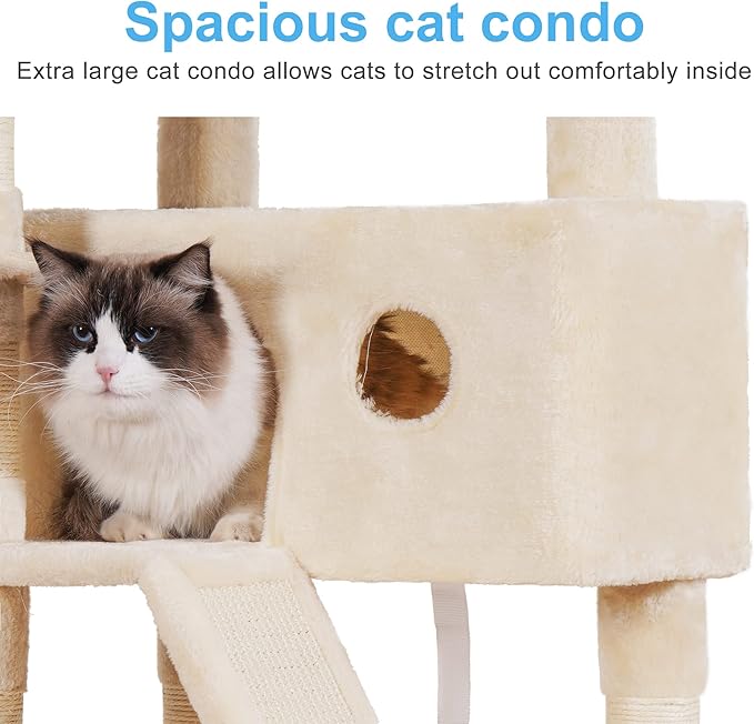 Hey-brother Cat Tree, 61 inch Cat Tower for Indoor Cats, Cat House with Padded Platform Bed, Toy Balls, Large Cozy Condo, Hammocks and Sisal Scratching Posts, Beige 0MPJ019M