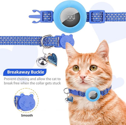 PUPTECK Airtag Cat Collar Breakaway 2 Pack with Bells, Reflective Kitten Collar with Air Tag Holder for Boy Girl Kitty and Puppies, Soft, Navy Blue & Light Blue