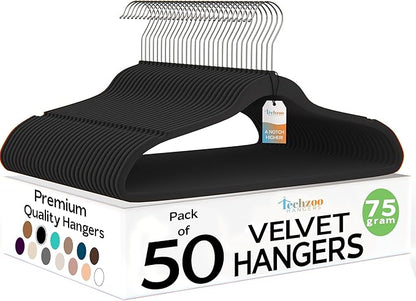 50 Pack New Premium Quality Velvet Hangers Ultra Thin Non Slip Adult Felt Space Saving Hangers for Closet Heavy Duty Coat Pants Jackets Dress Hangers 360° Swivel Hook Hold Upto 10 lbs Black