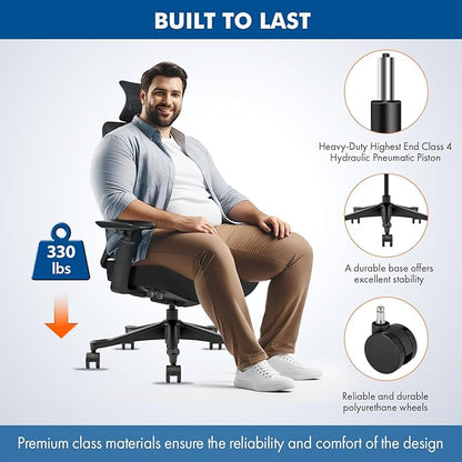 Mesh Office Chair – Ergonomic Office Chair with Lumbar Support, Adjustable 3D Arms & Soft Seat – Holds Up to 330lbs (Black)
