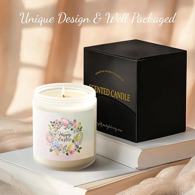 Easter Candle - Cream Vanilla Scented Natural Soy Wax Candel for Home, Egg Décor Spring Candle, Easter Gifts for Women, Clean Burning, Vegan Jar Candle for Birthday,Aromatherahpy,Relaxation(7oz)