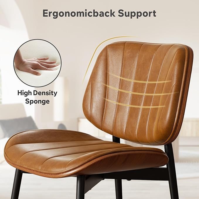 Dining Chairs Set of 8, Mid Century Modern Dining Room Chair, Upholstered Faux Leather Kitchen Chairs with Walnut Bentwood Back and Metal Legs for Kitchen Dining Room Living Room, Brown