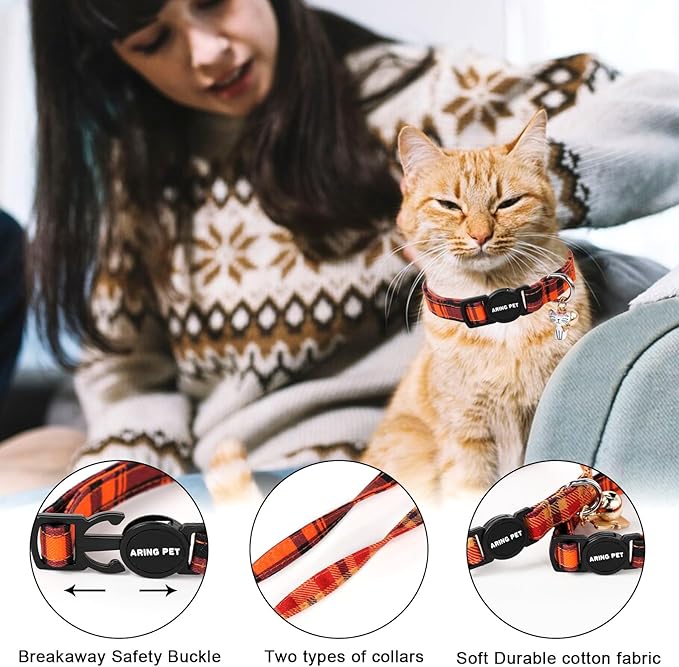 ARING PET 2 Pack Fall Cat Collars-Cute Breakaway Cat Collar with Bell & Pendant, Adjustable Halloween Plaid Kitten Collars with Safety Buckle for Girl and Boy Cats