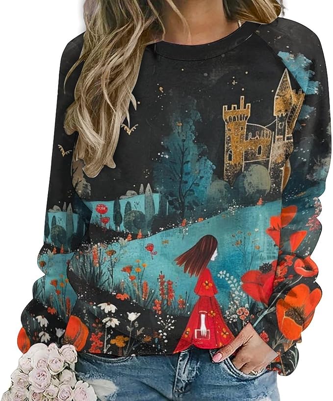 Long Sleeve Shirts for Women Cat Oil Painting Shirt 3D Graphic Sweatshirts Fall Pullover Crewneck Vintage Boho Tops