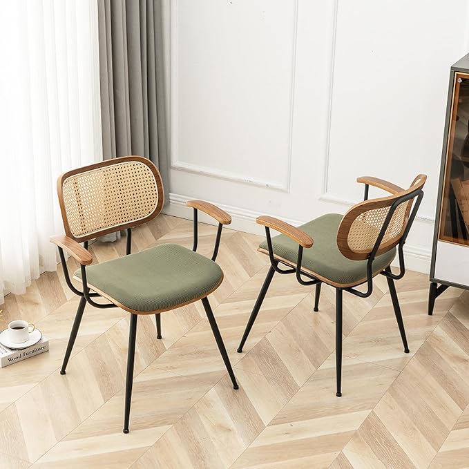 Rattan Dining Room Chairs Set of 2,Mid Century Modern Kitchen Side Chairs,Metal Legs Desk Chairs,Green Modern Corduroy Fabric Accent Chairs with Arms and Rattan Backrest