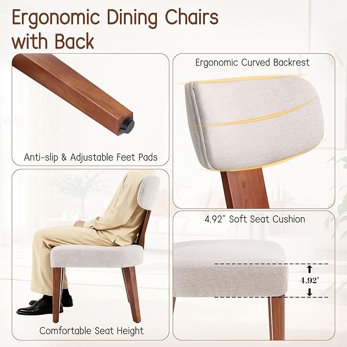 Dining Chairs Set of 2, Mid-Century Modern Upholstered Kitchen Chairs with Curved Backrest and Linen Fabric Seat, Wood Leg Accent Chairs for Dining Room, Living Room, Bedroom, Linen Beige