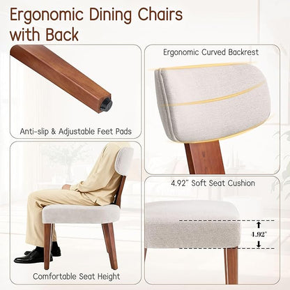 Dining Chairs Set of 2, Mid-Century Modern Upholstered Kitchen Chairs with Curved Backrest and Linen Fabric Seat, Wood Leg Accent Chairs for Dining Room, Living Room, Bedroom, Linen Beige